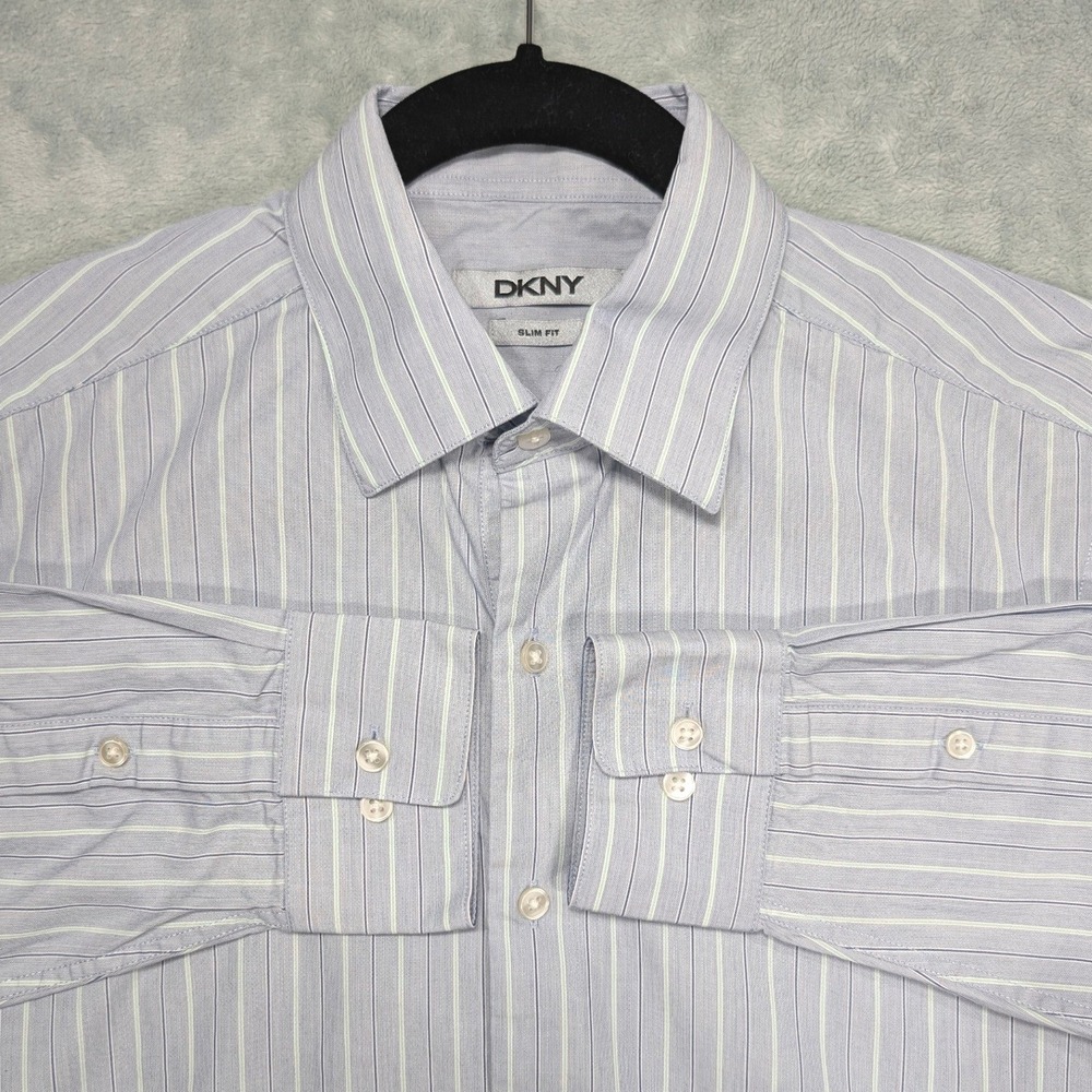 DKNY Mens Slim‎ Fit Striped Dress Shirt Blue Green White Striped 15 34/35 Cotton